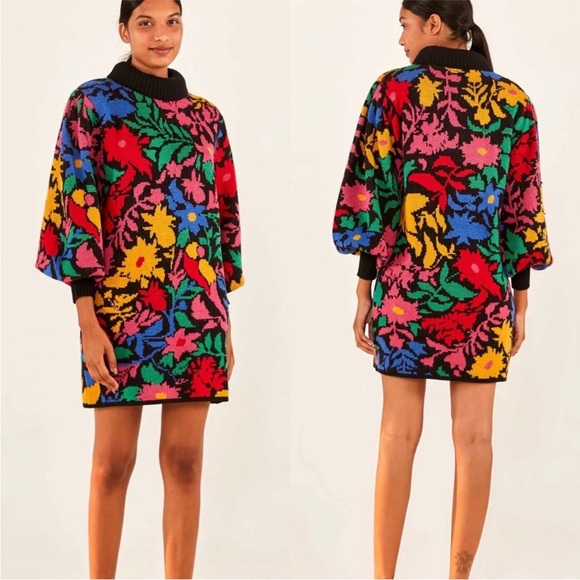 NWT Farm Rio Multicolored Tropical Garden Mock Neck Sweater Dress Size Medium - Picture 4 of 13